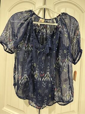 Mudd Navy Sheer Floral Tie-Neck Blouse